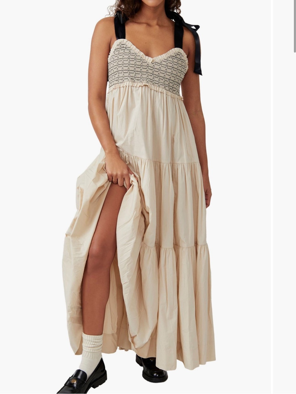 Free People Cream Maxi Dress with Black Shoulder Ties